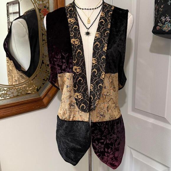 VTG 80s/90s Marmie Westt Gold, Black & Burgundy Velvet Lace Whimsy Vest Top L - Picture 1 of 7